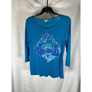 Lucky Lotus Teal Blue GeometricDiamond Graphic Scoop Neck Top Size M Long Sleeve